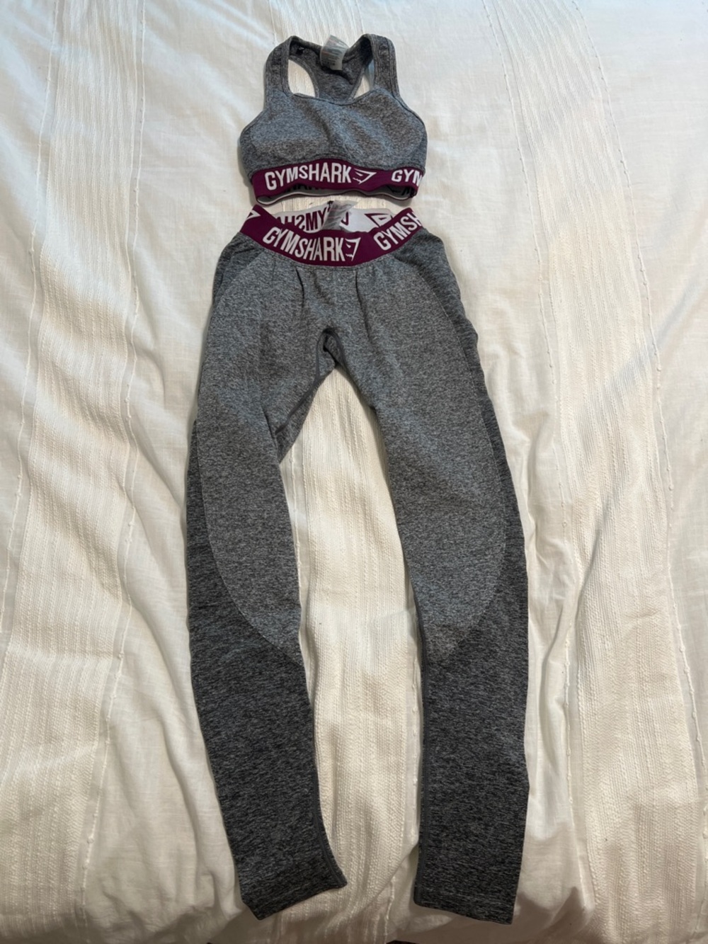 Gymshark Gray Seamless Leggings with Burgundy Logo Waistband and matching bra